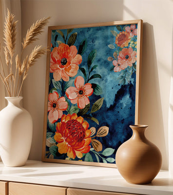 Vibrant floral watercolor design with orange blossoms and blue background