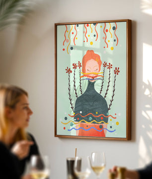 Whimsical Abstract Art of a Woman with Flowers and Streamers - Mi tienda
