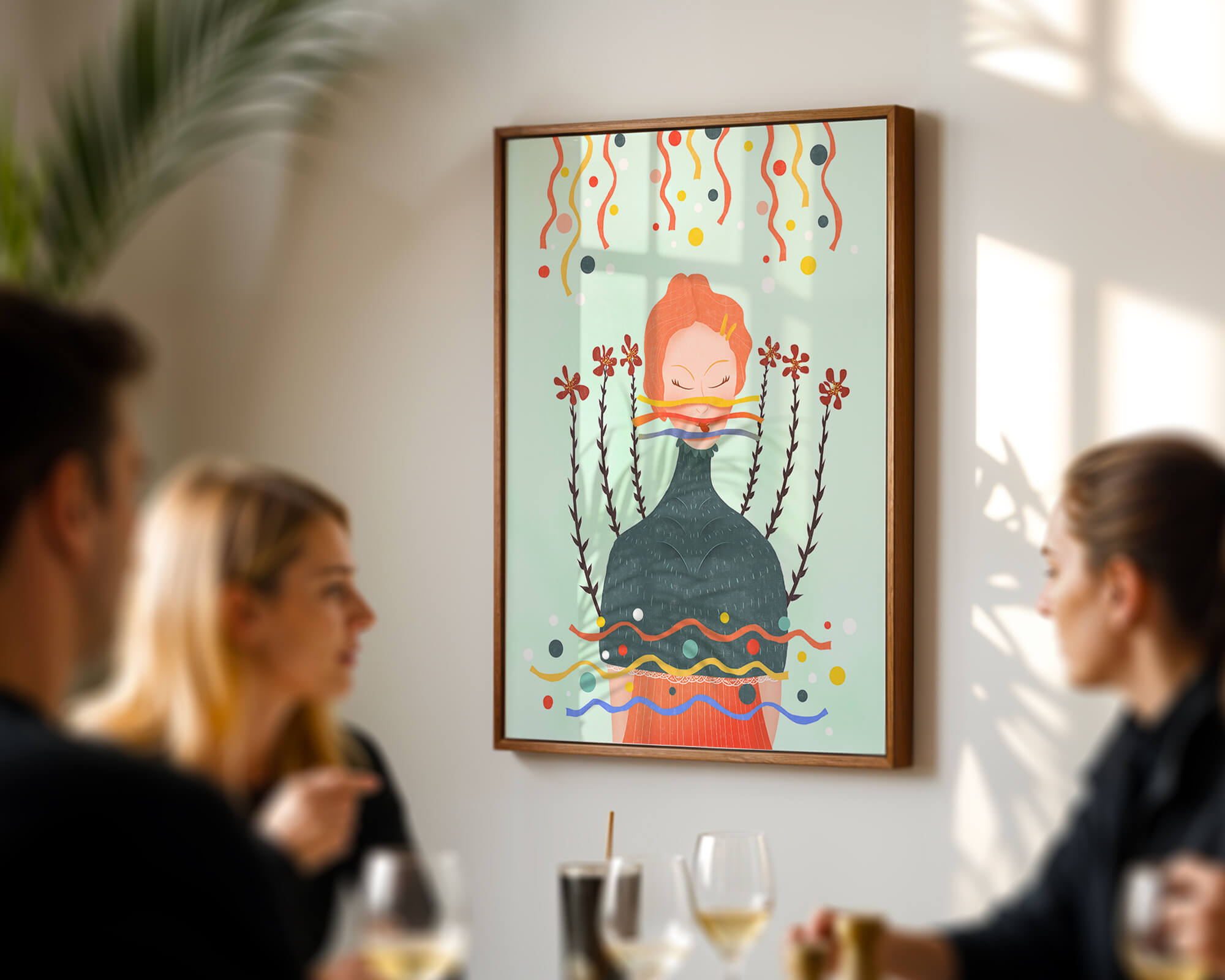 Whimsical Abstract Art of a Woman with Flowers and Streamers - Mi tienda