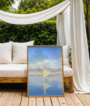 Woman in yellow dress standing on reflective water against clear sky