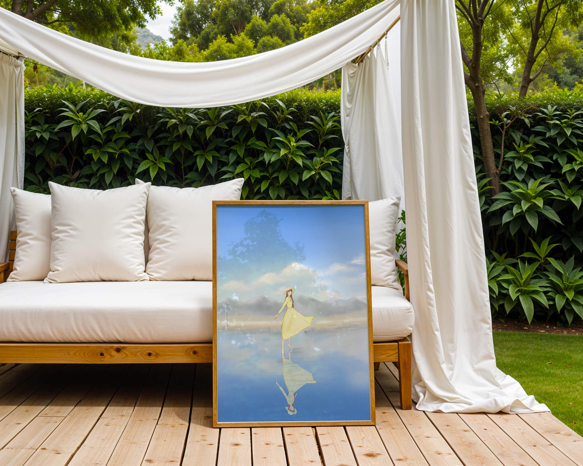 Woman in yellow dress standing on reflective water against clear sky
