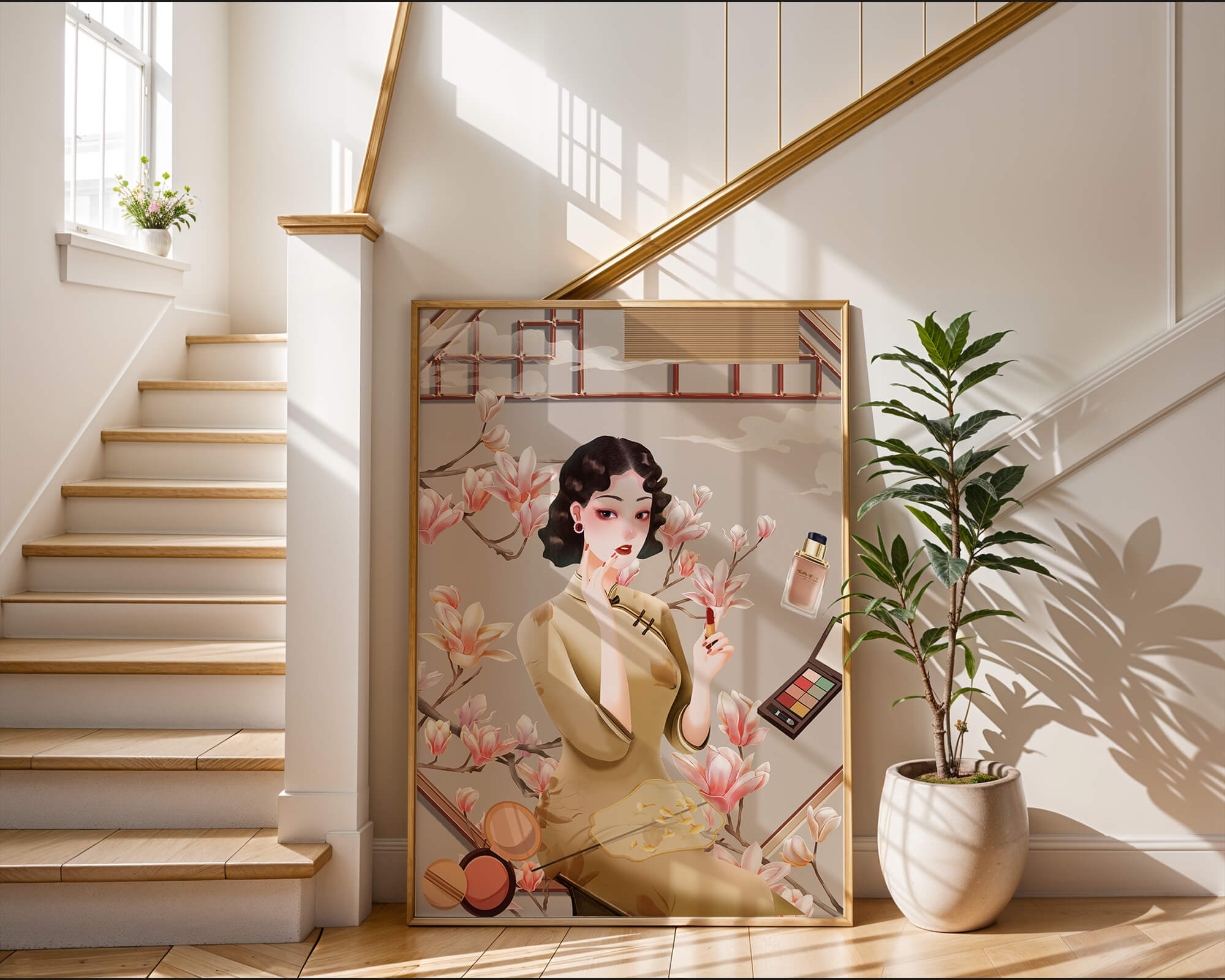 Elegant illustration of a woman with makeup and magnolia flowers