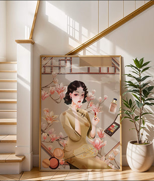 Elegant illustration of a woman with makeup and magnolia flowers