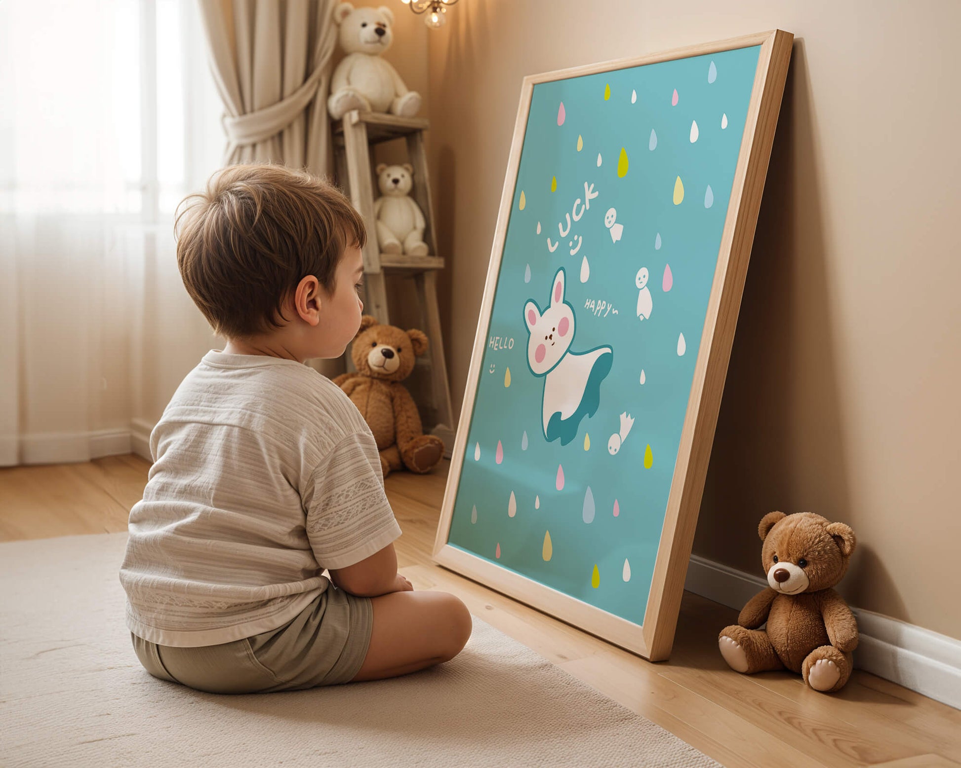 Adorable cartoon bunny with colorful drops on a blue background