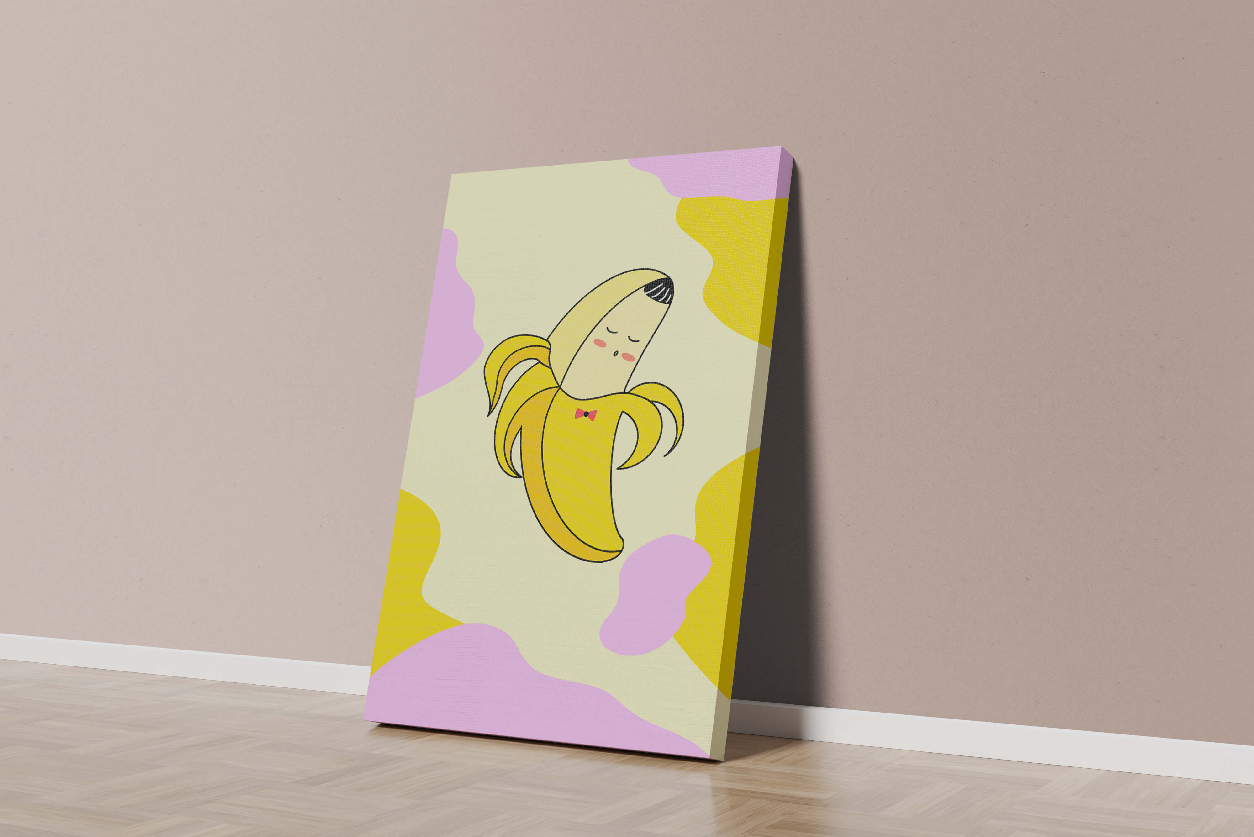 Quirky animated banana with bow tie on colorful abstract background