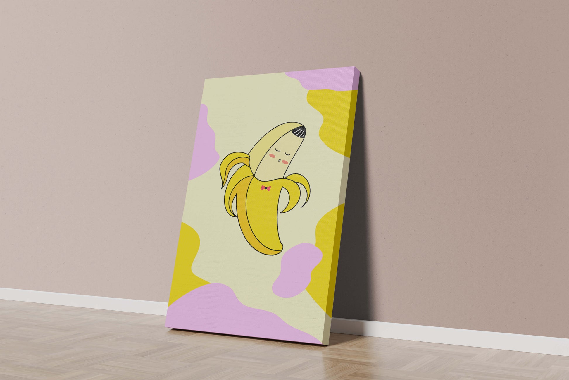 Quirky animated banana with bow tie on colorful abstract background