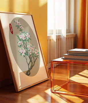 Obra floral delicada con magnolias en flor en estilo oriental