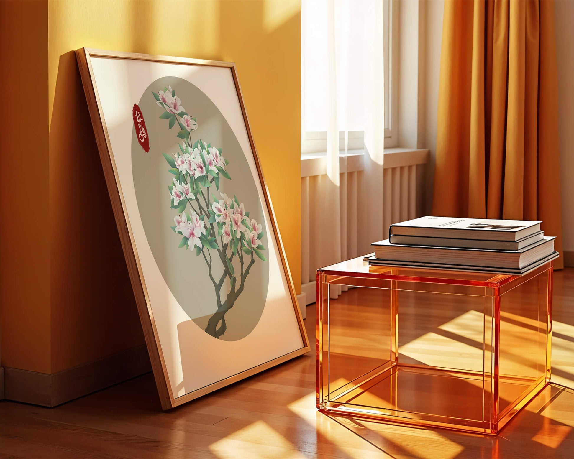 Obra floral delicada con magnolias en flor en estilo oriental