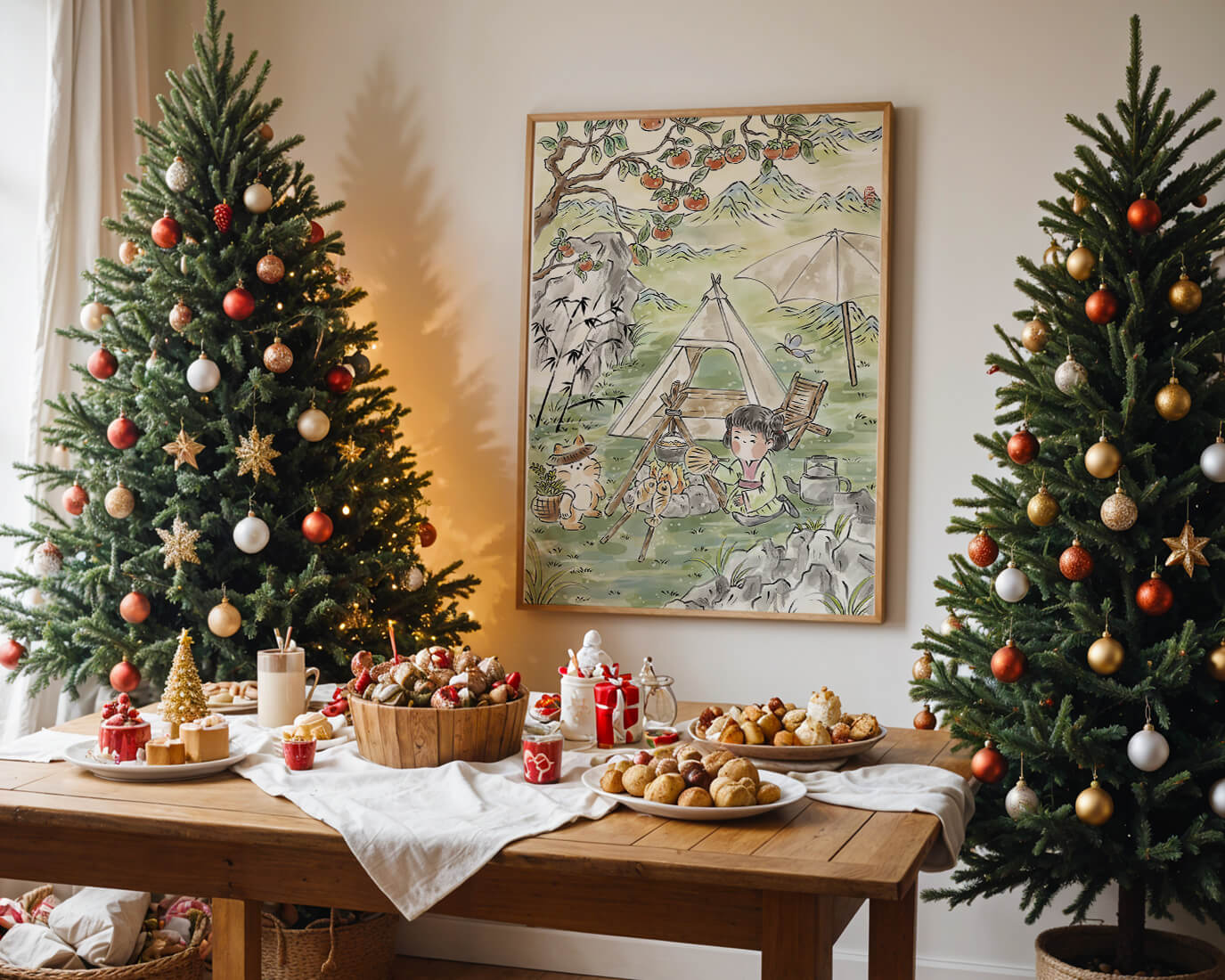 Escena encantadora de camping con un niño y un gato bajo un árbol de caqui