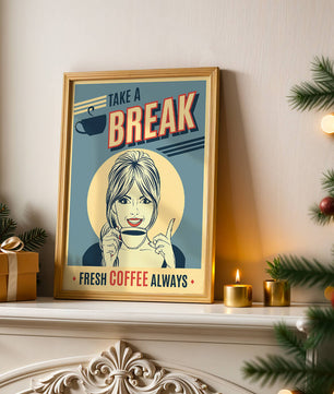 Retro Coffee Break Poster with Woman Holding a Cup - Mi tienda