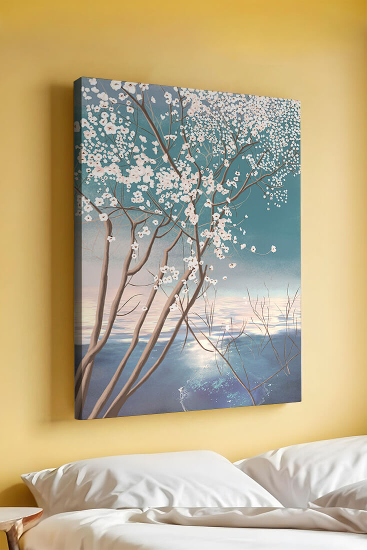 Serene landscape with blossoming tree over calm water reflection