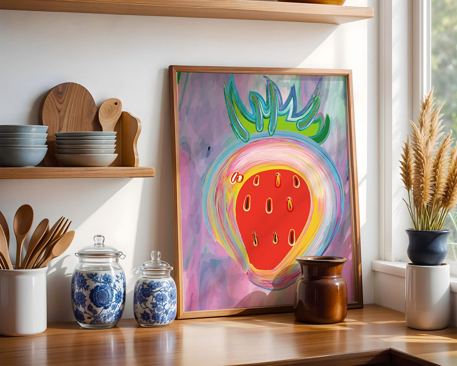 Colorful abstract strawberry with vibrant brush strokes