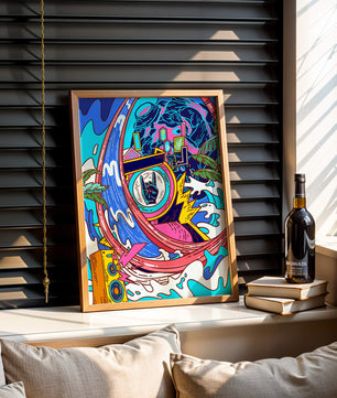 Vibrant abstract art with waves and neon elements