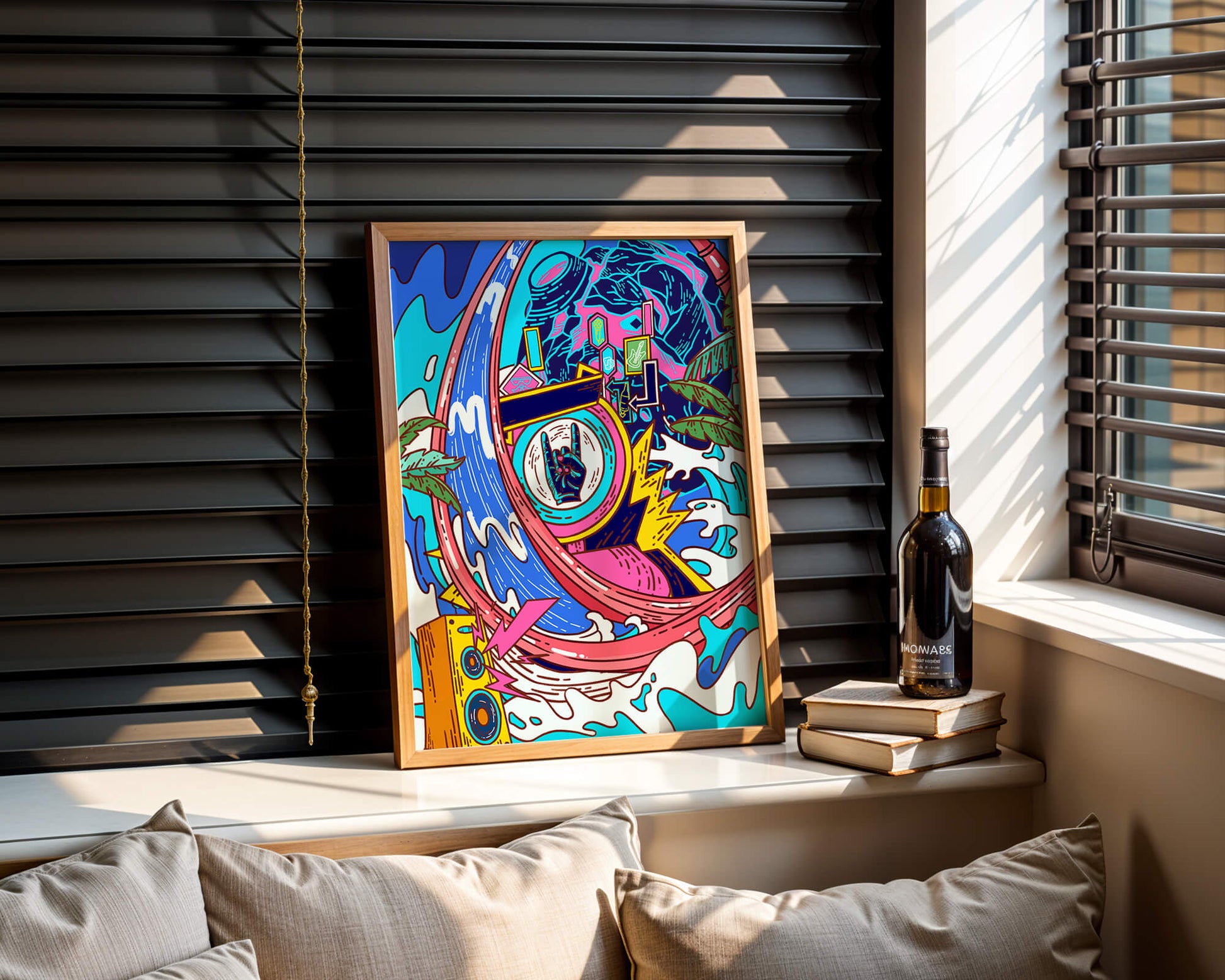 Vibrant abstract art with waves and neon elements
