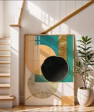 Abstrakte geometrische Komposition mit Gold und strukturierten Elementen