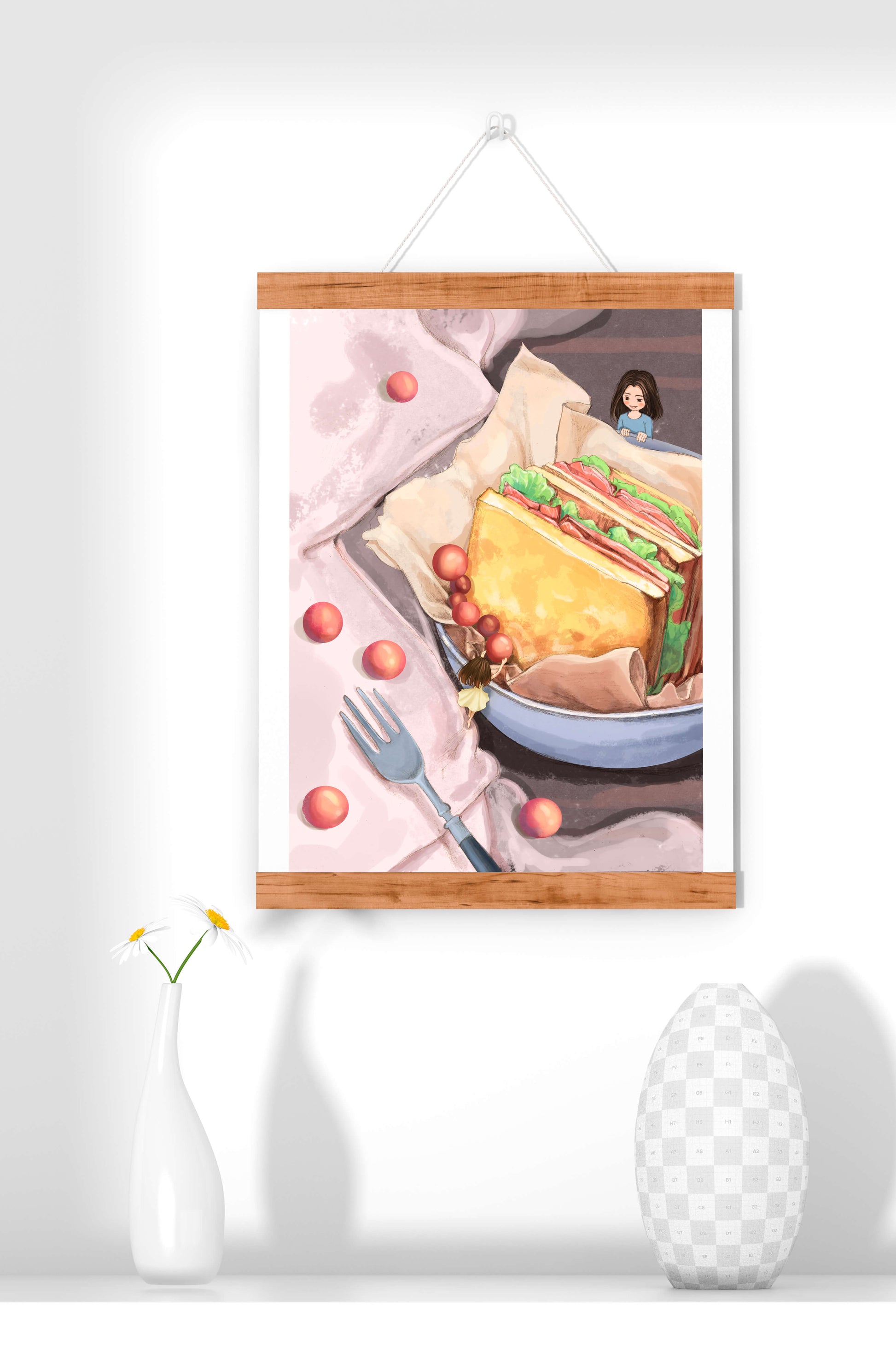 Niñas miniatura caprichosas cerca de un sándwich con tomates y tenedor