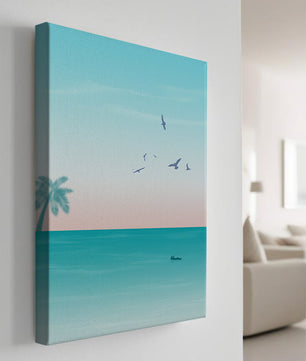 Serene Beach Landscape with Palm Trees and Seagulls at Sunset
