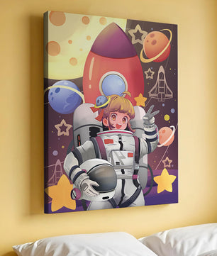 Ilustración de una chica astronauta con temática espacial