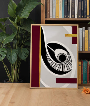 Arte geométrico abstracto con motivo de ojo y detalles dorados