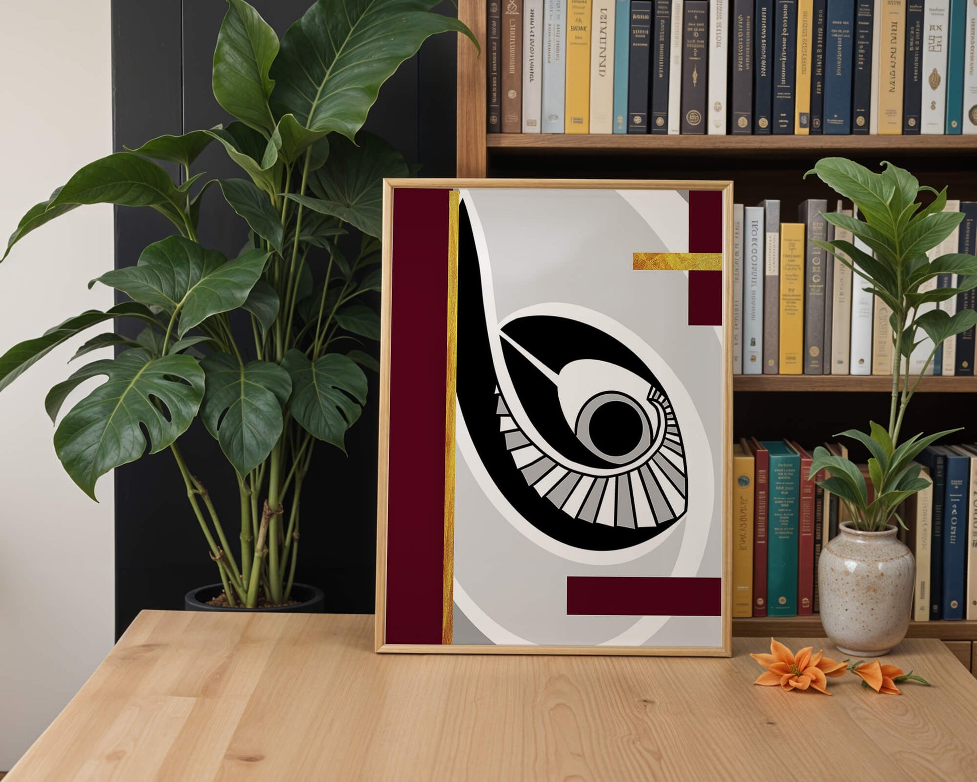 Arte geométrico abstracto con motivo de ojo y detalles dorados