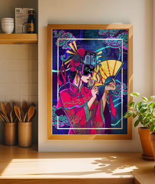 Geisha con traje futurista, elementos de neón y abanico