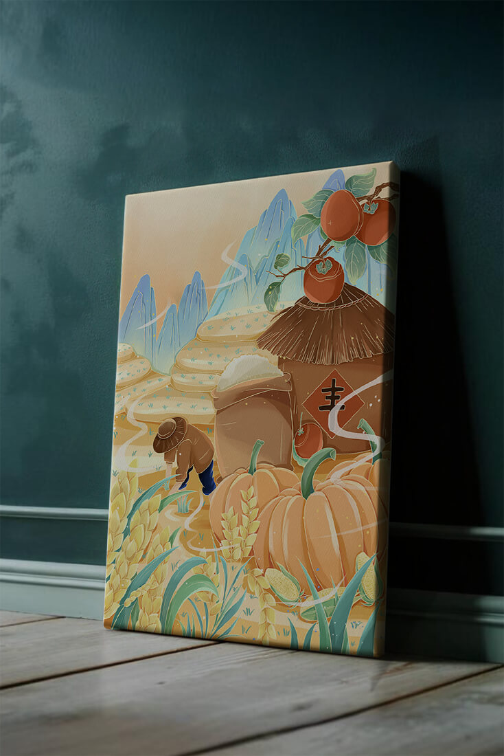 Pastoral landscape with pumpkins and farmer in rice fields