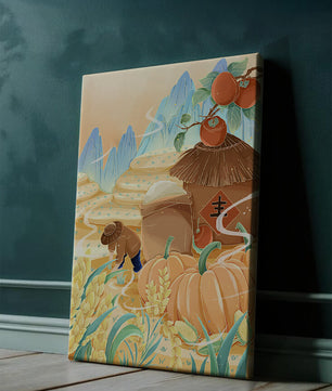 Pastoral landscape with pumpkins and farmer in rice fields