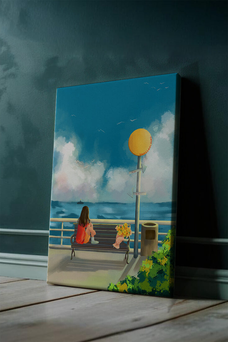 Serene waterfront scene with woman on bench facing the sea