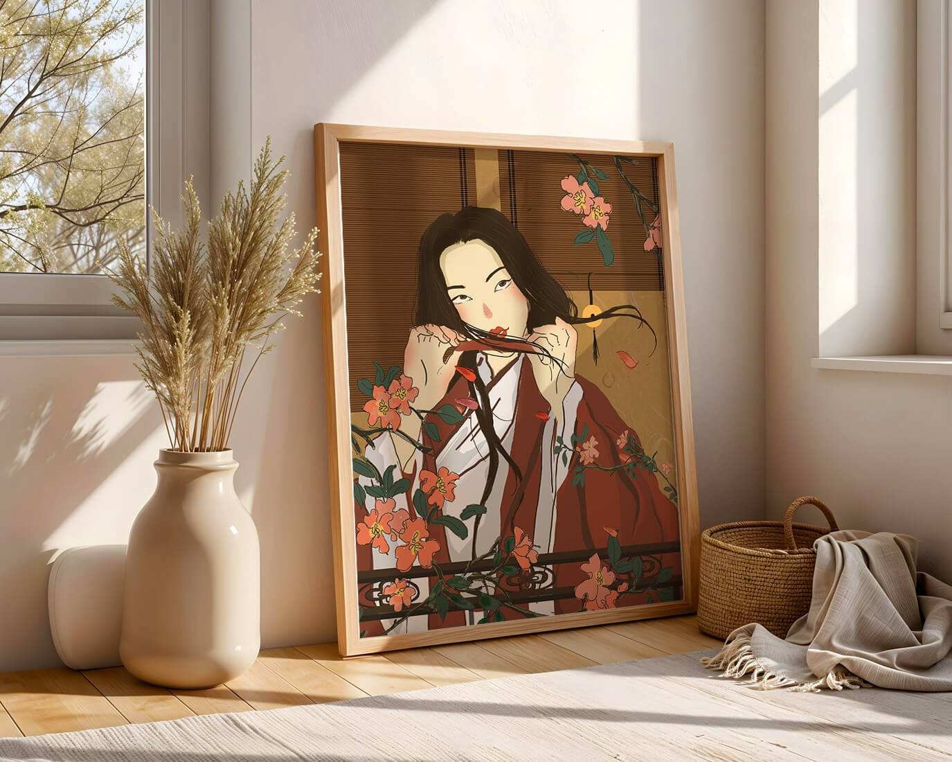Japanerin spielt Flöte zwischen Blumen in traditioneller Umgebung