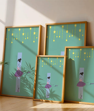 Elegant ballerina illustration with stars on a teal background