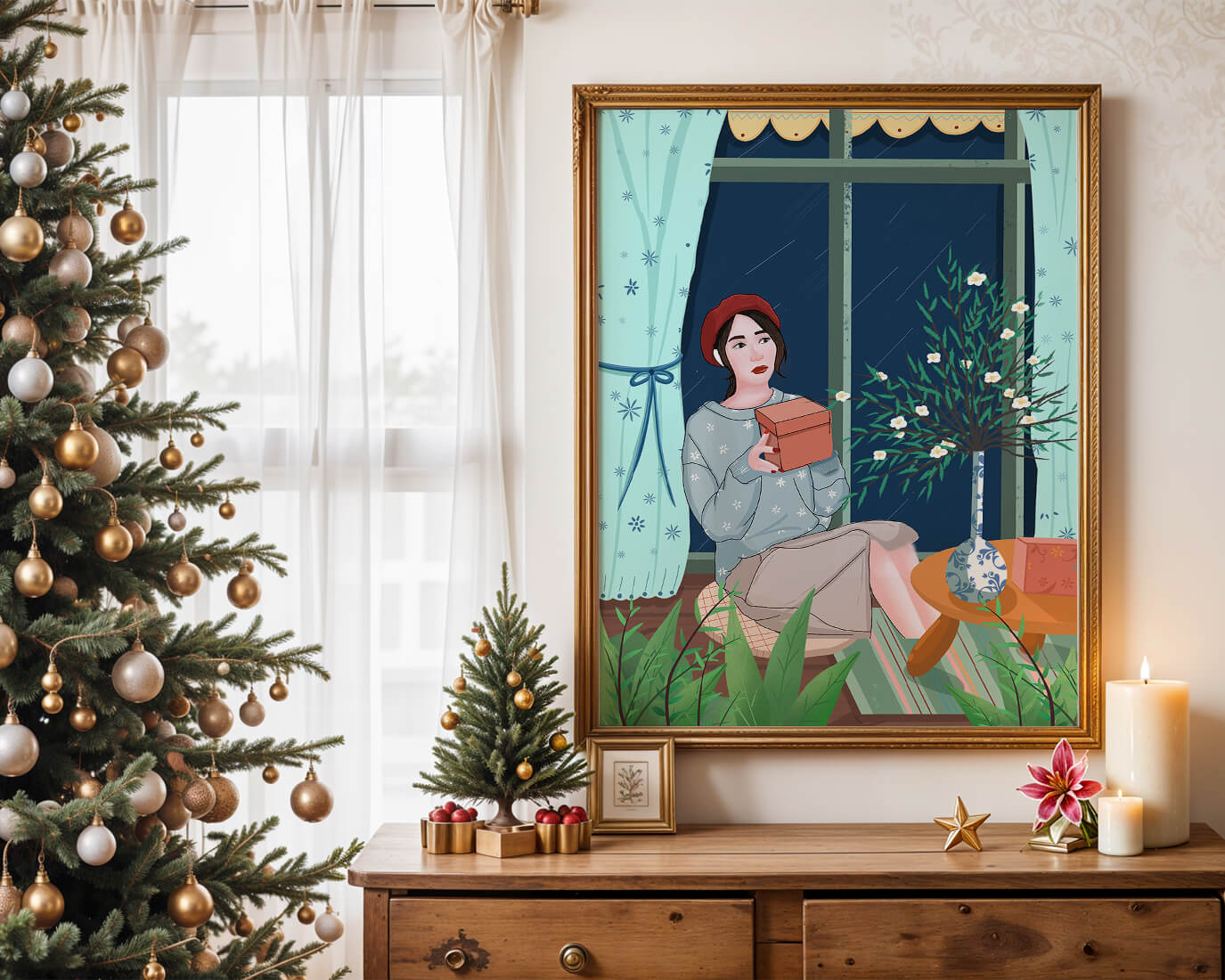 Mujer sosteniendo una caja de regalo en un interior acogedor con flores y ventana lluviosa