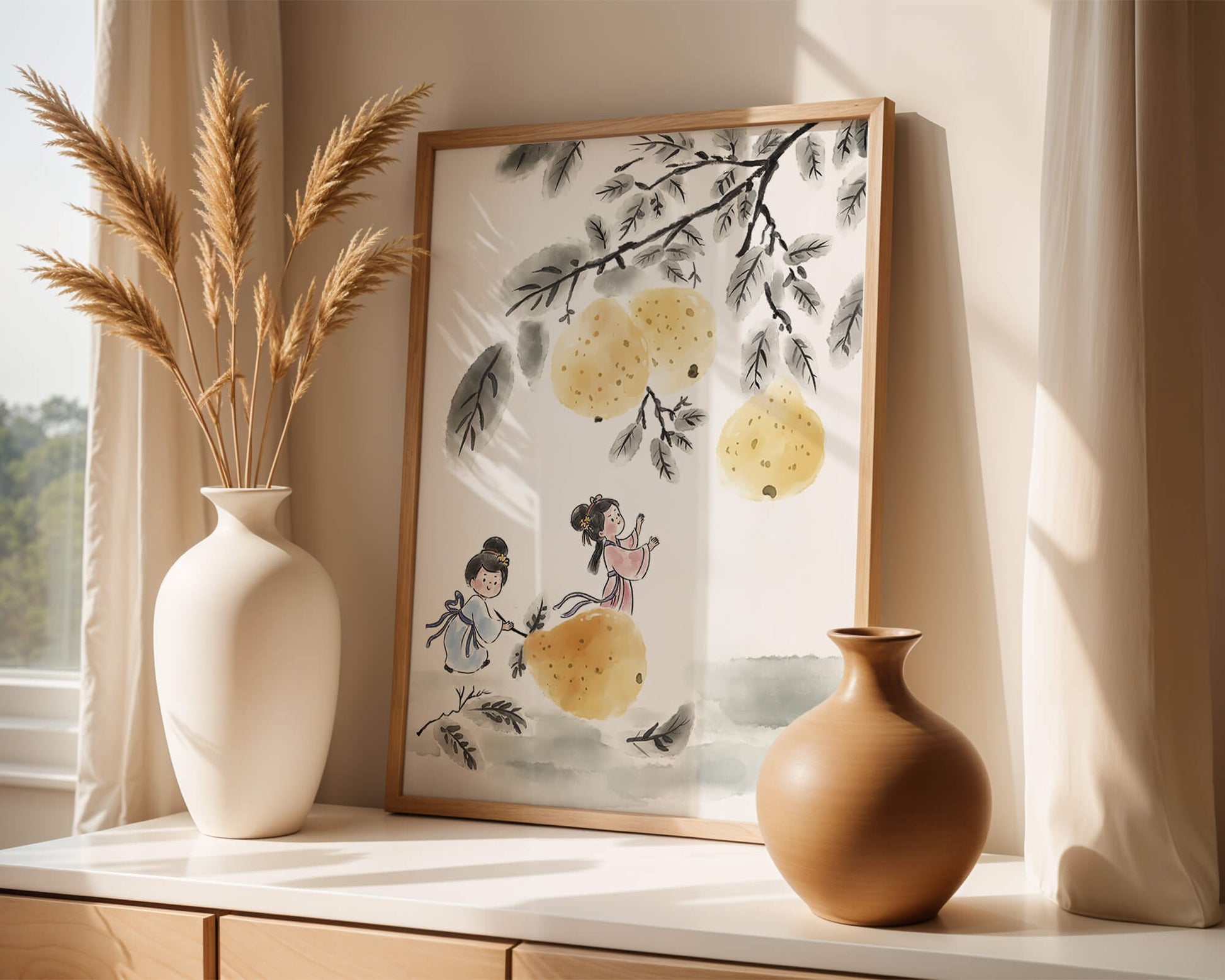 Ilustración encantadora de niños en vestimenta tradicional recolectando peras