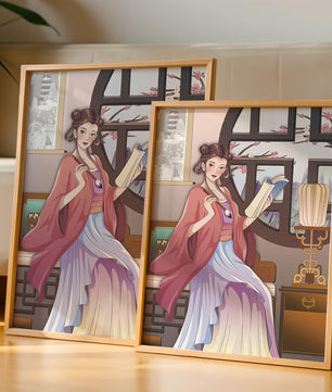 Illustrated scene of a woman in traditional attire reading by a window