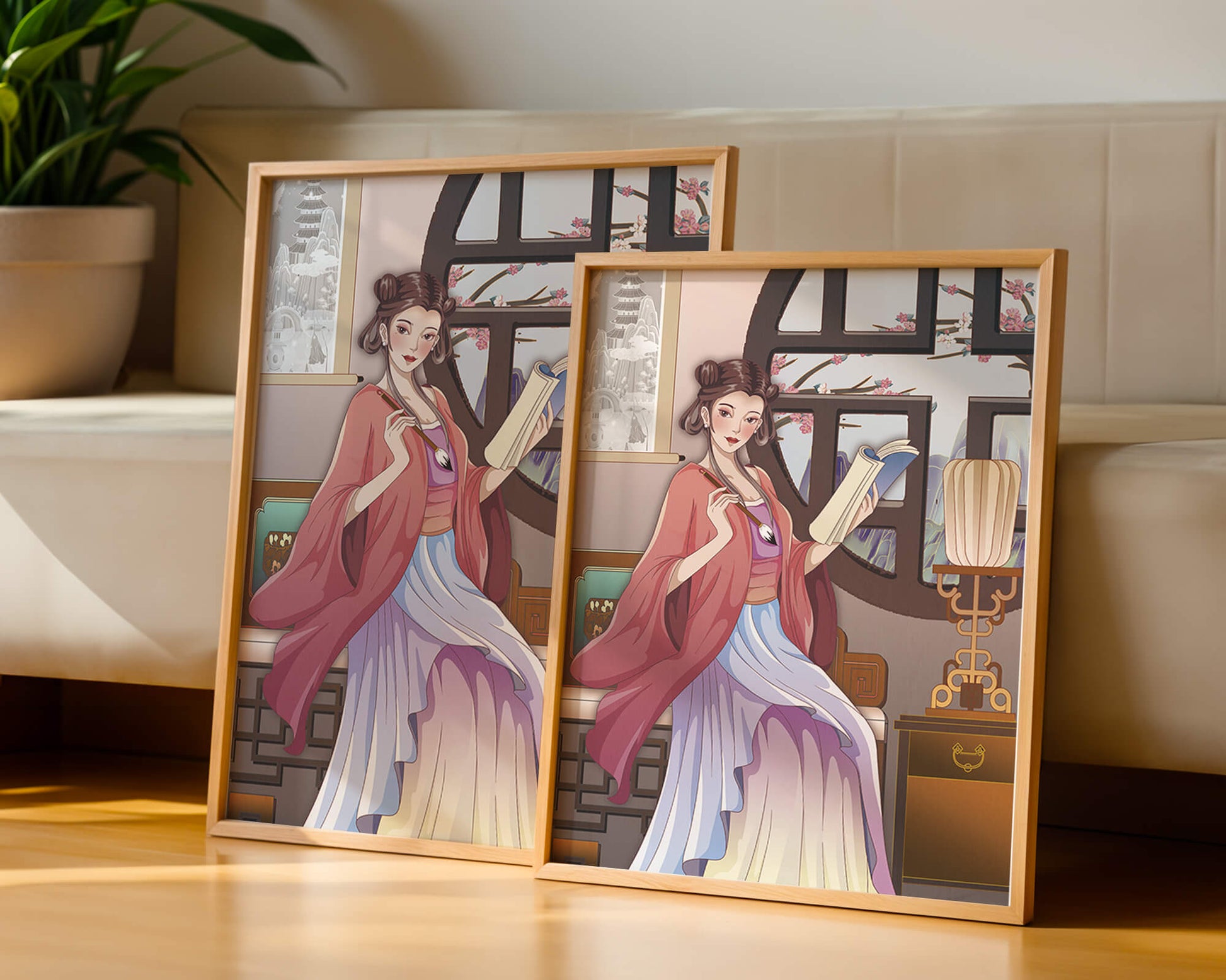 Illustrated scene of a woman in traditional attire reading by a window