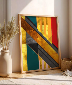 Abstract geometric design with gold accents and vibrant colors