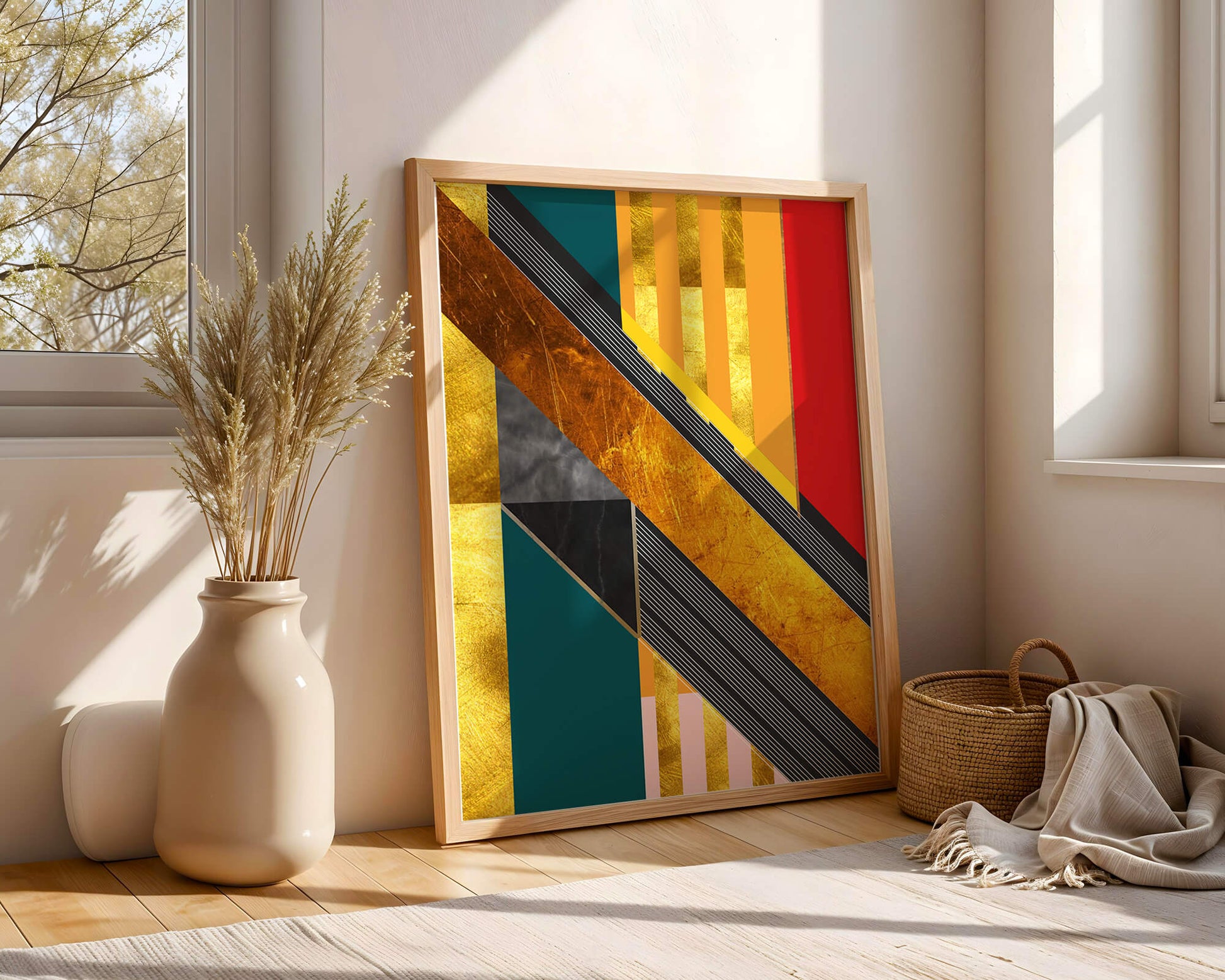 Abstract geometric design with gold accents and vibrant colors