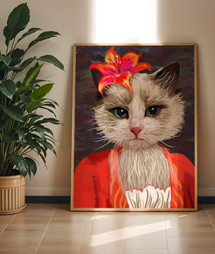 Retrato de gato con acentos de flores vibrantes y atuendo colorido