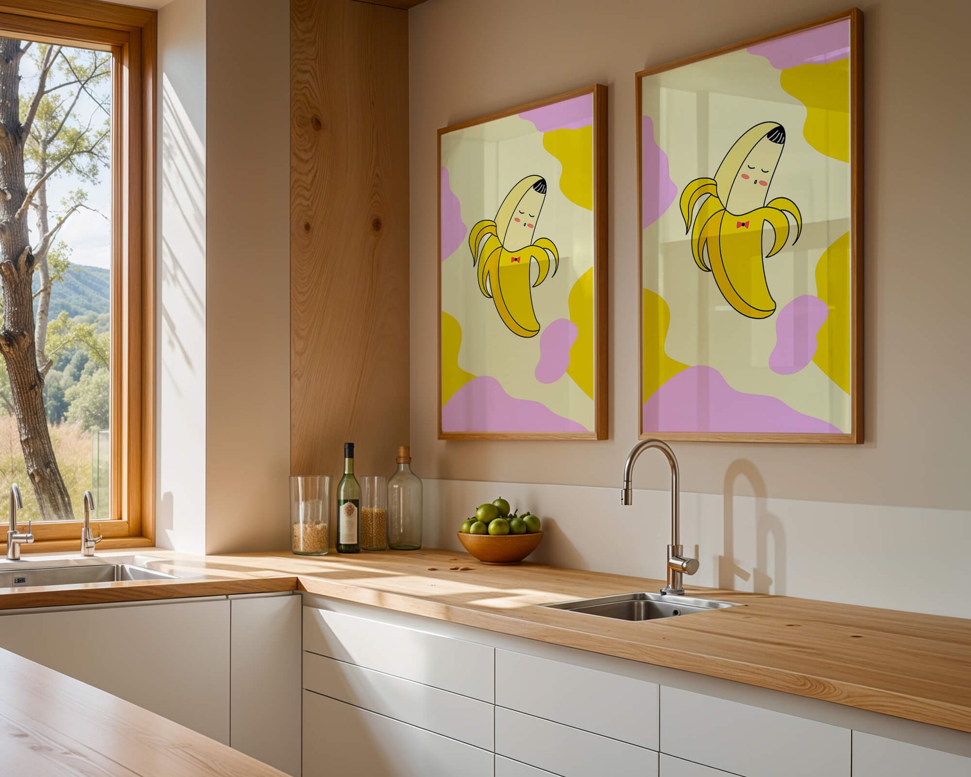 Quirky animated banana with bow tie on colorful abstract background