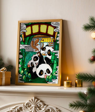 Ilustración de pandas encantadores disfrutando de helado bajo un puente de bambú