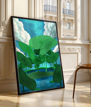 Serene landscape with lush green leaves and blue horizon