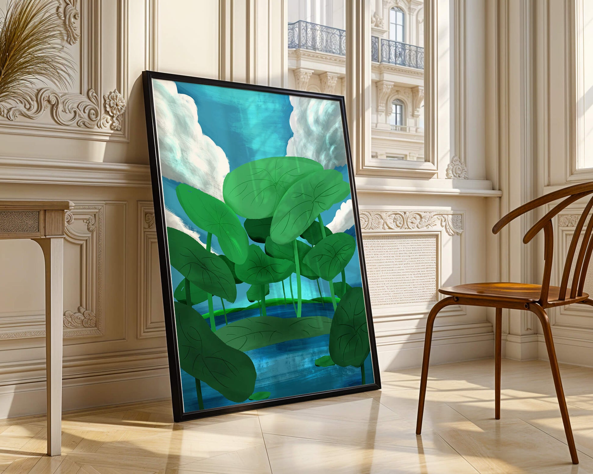 Serene landscape with lush green leaves and blue horizon