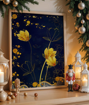 Elegant floral artwork with golden accents on deep blue background