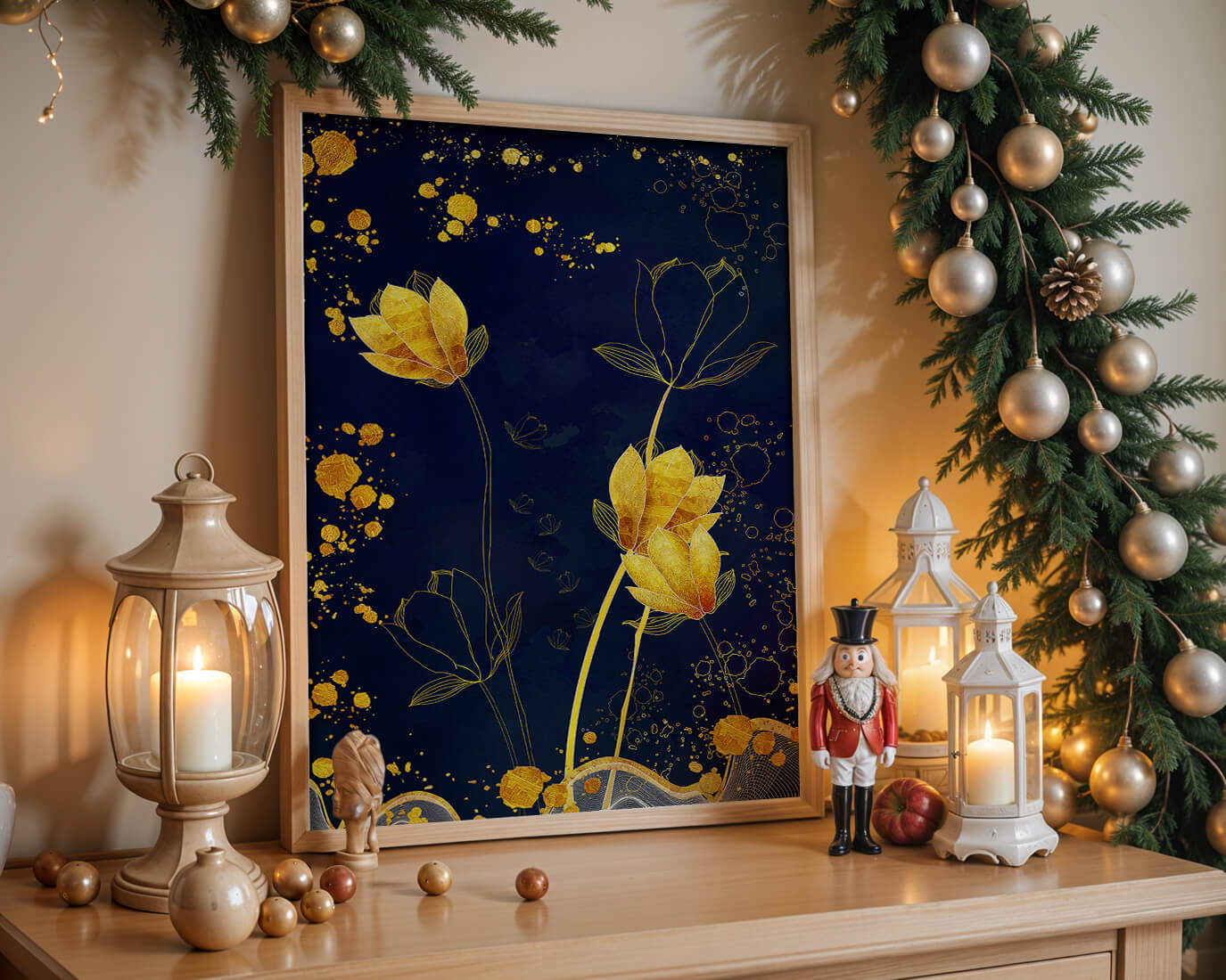 Elegant floral artwork with golden accents on deep blue background