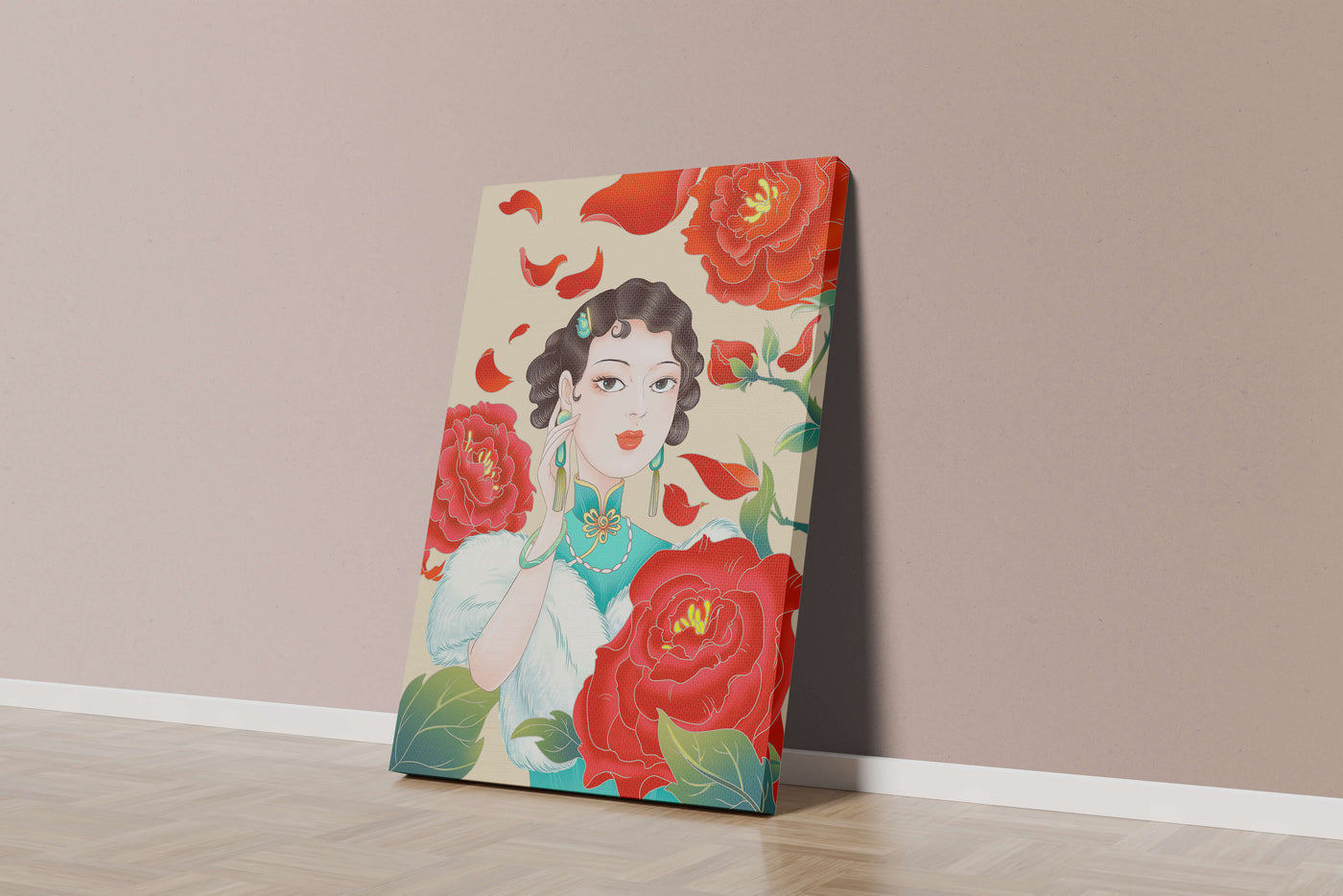 Elegant woman surrounded by vibrant red flowers and petals