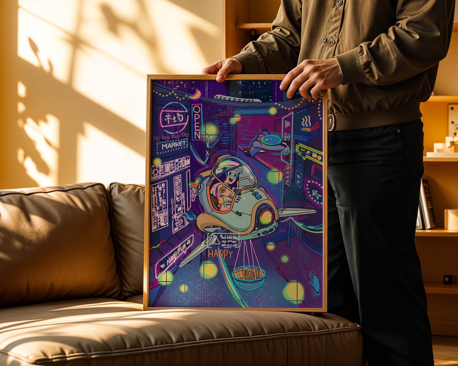 Futuristic cityscape with a flying delivery vehicle and neon signs