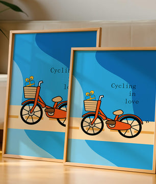 Bicicleta colorida con un regalo en la cesta sobre fondo azul