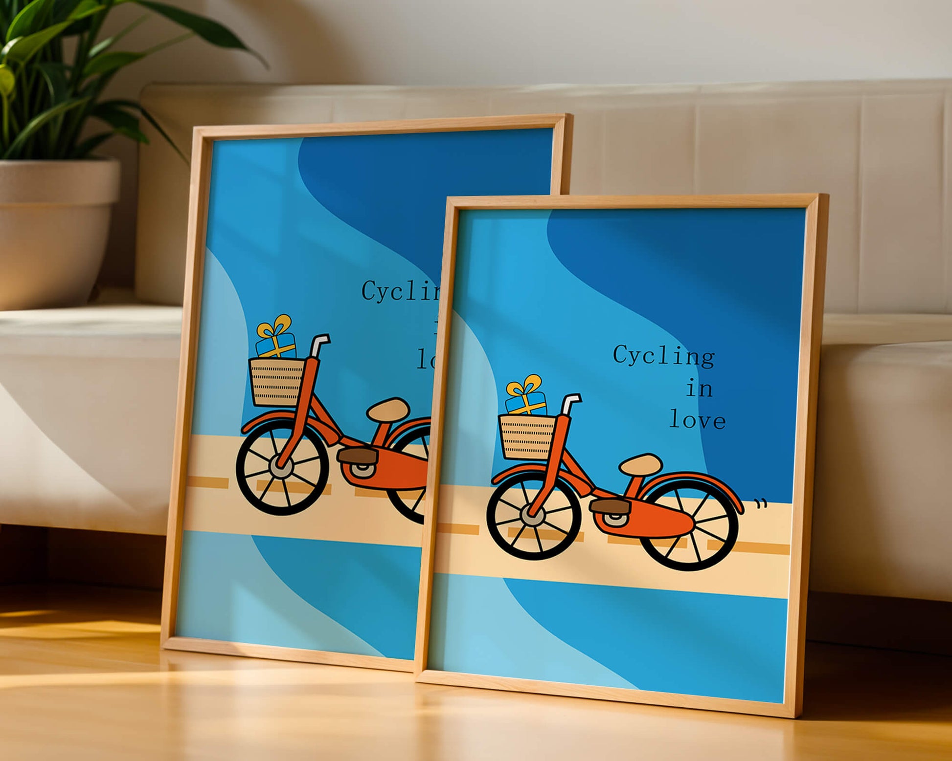 Colorful bicycle with a gift in basket against blue background