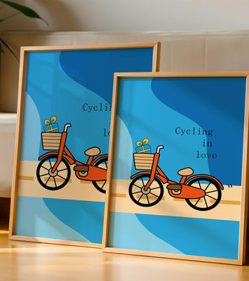 Colorful bicycle with a gift in basket against blue background