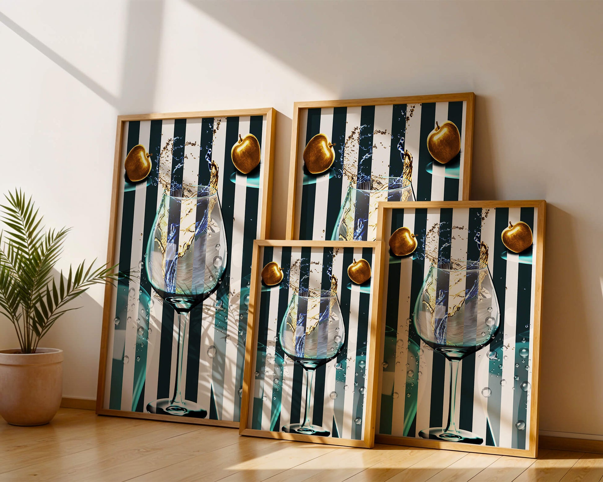 Elegant Glass of Champagne with Golden Apples and Striped Background