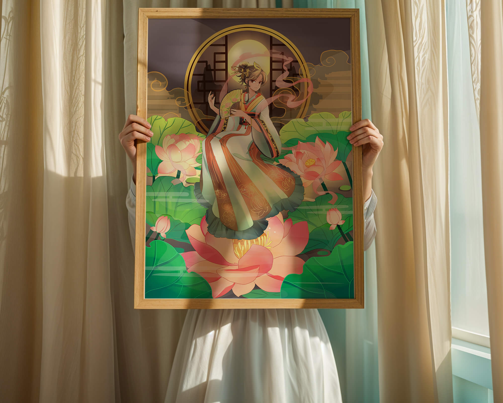 Elegant woman in traditional attire amidst lotus flowers with mountainous background